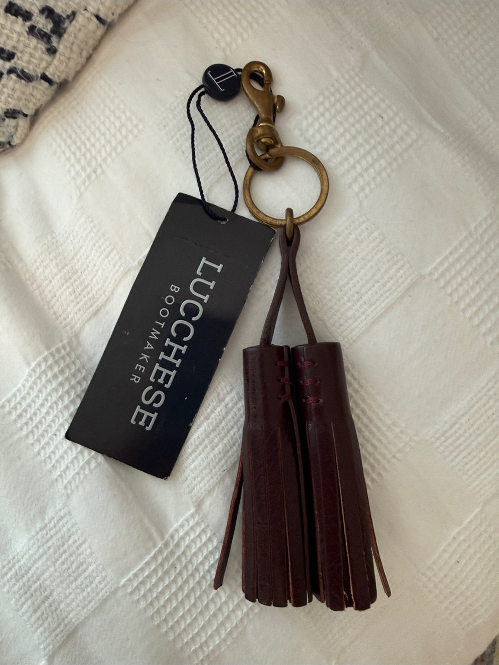 Lucchese Dark Brown Leather Double Tassel Keychain with Brass Hardware